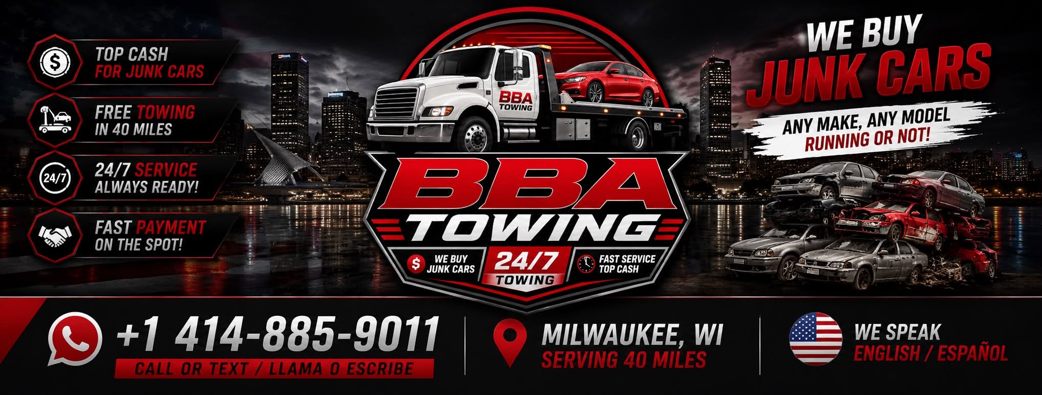 BBA Towing junk car and towing advertisement for Milwaukee, with bilingual service and phone number 414-885-9011